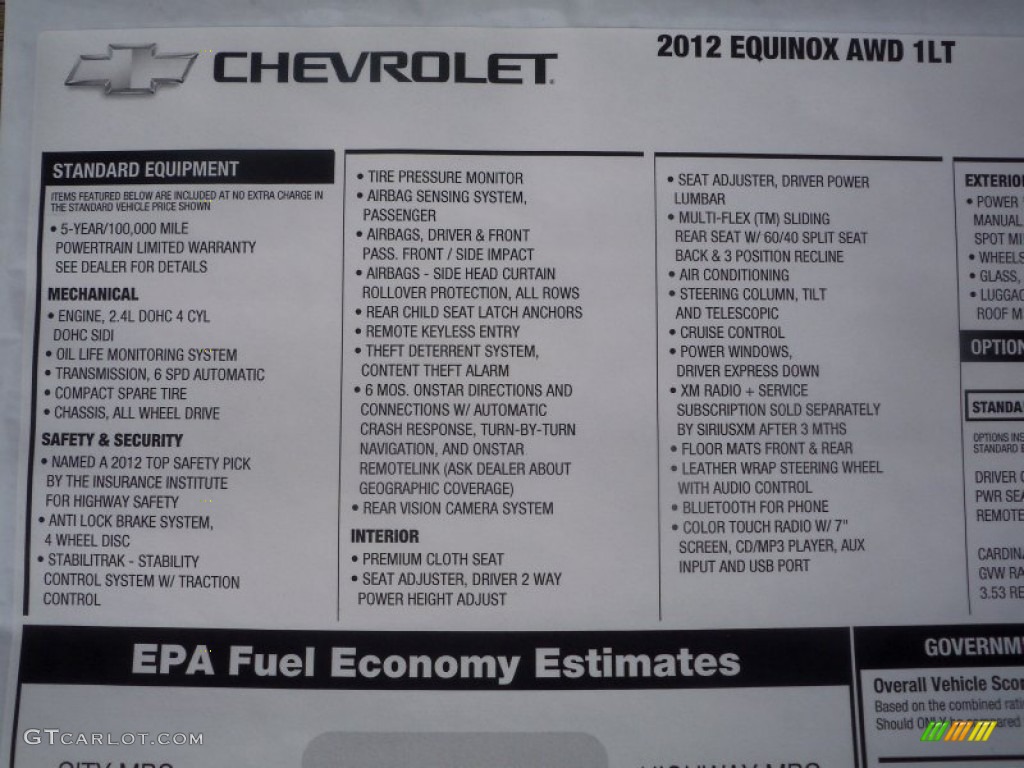 2012 Chevrolet Equinox LT AWD Window Sticker Photo #62786774