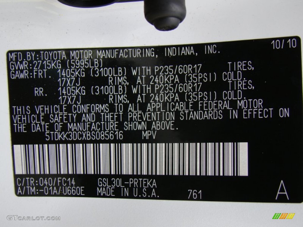 2011 Sienna Color Code 040 for Super White Photo #62790033