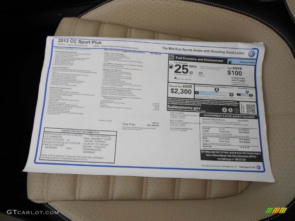 2013 Volkswagen CC Sport Plus Window Sticker Photo #62790054
