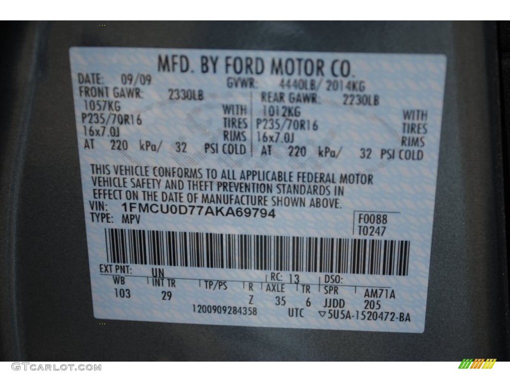 2010 Ford Escape XLT Color Code Photos