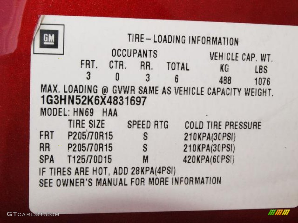 1999 Oldsmobile Eighty-Eight Standard Eighty-Eight Model Info Tag Photos