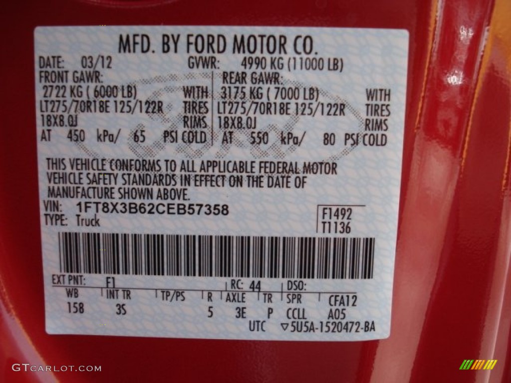 2012 Ford F350 Super Duty XLT SuperCab 4x4 Color Code Photos