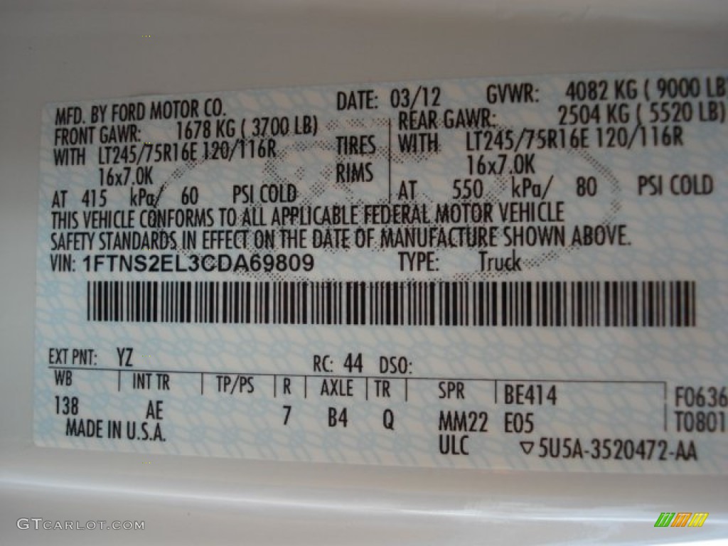 2012 E Series Van Color Code YZ for Oxford White Photo #62796703