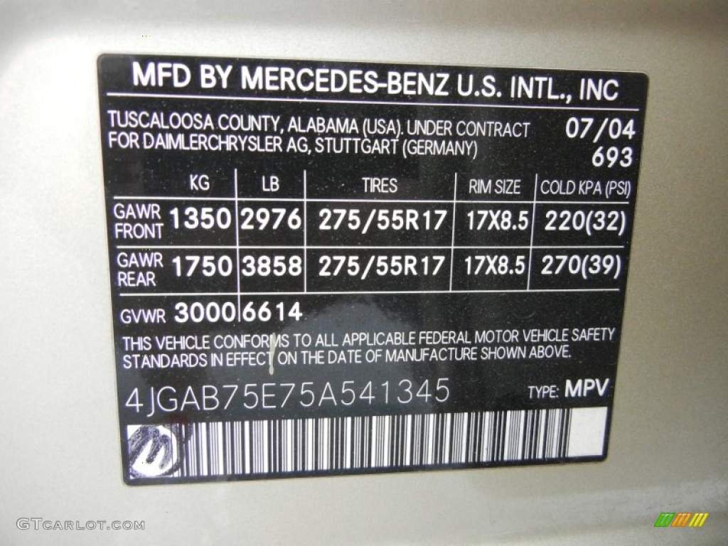 2005 Mercedes-Benz ML 500 4Matic Color Code Photos