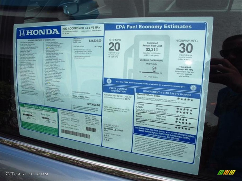 2012 Honda Accord EX-L V6 Sedan Window Sticker Photo #62810125