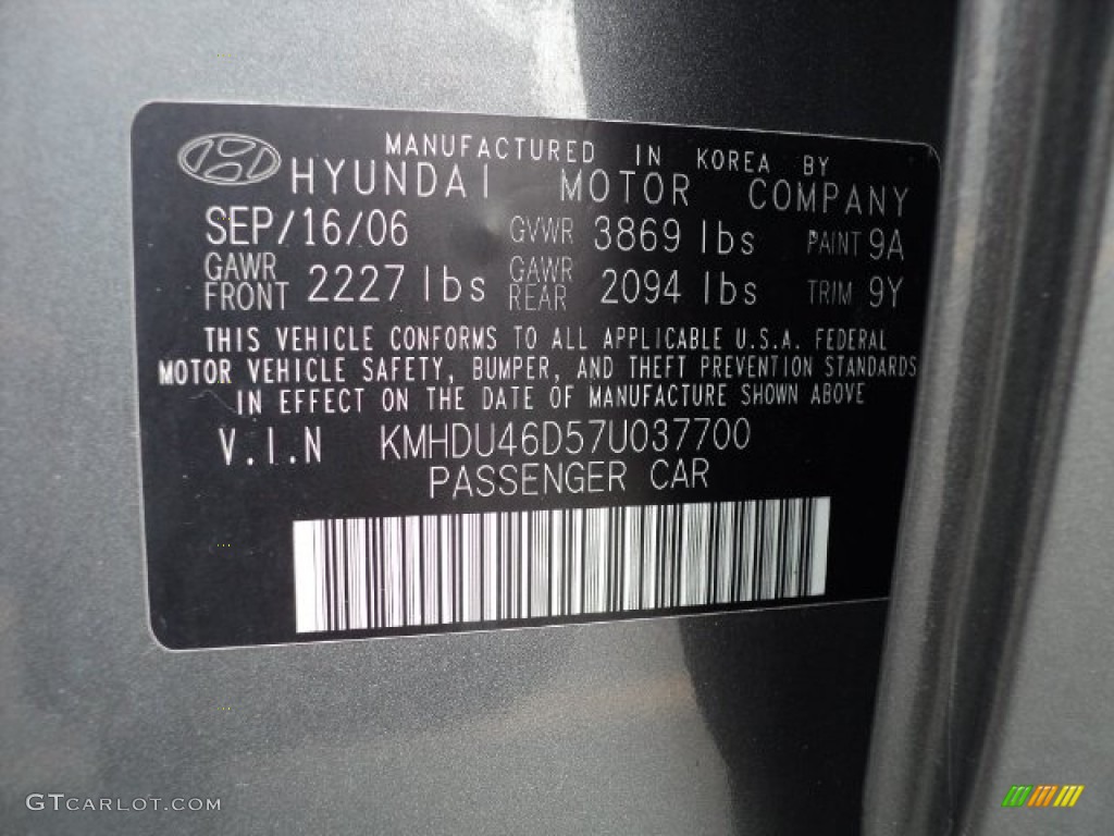 2007 Elantra Color Code 9A for Carbon Gray Photo #62816566