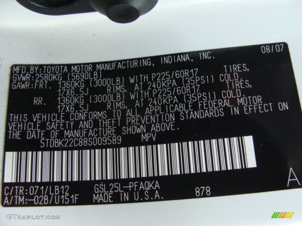2008 Sienna Color Code 071 for Arctic Frost Pearl Photo #62820274