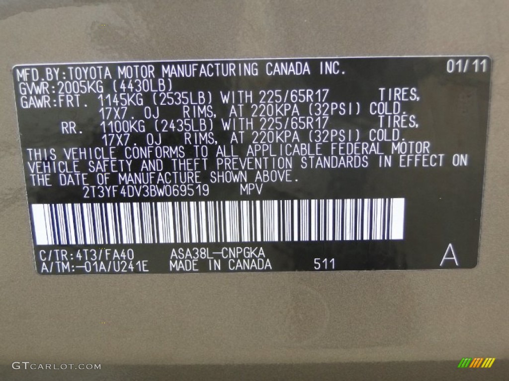 2011 Toyota RAV4 Limited Color Code Photos