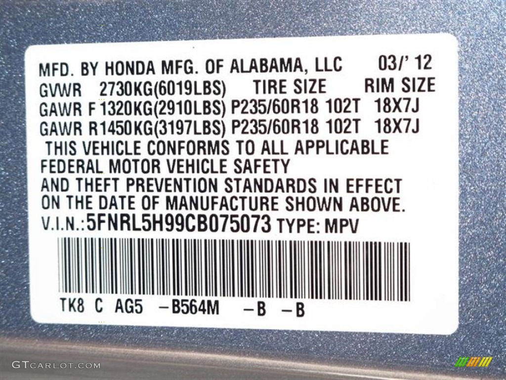 2012 Odyssey Color Code B564M for Celestial Blue Metallic Photo #62843716