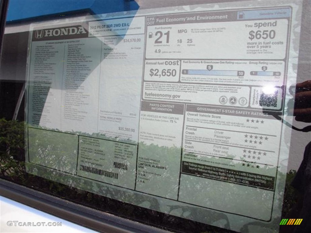 2012 Honda Pilot EX-L Window Sticker Photo #62844589