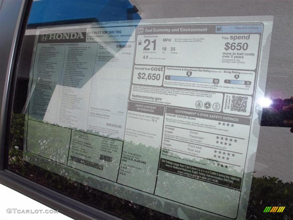 2012 Honda Pilot Touring Window Sticker Photo #62844681