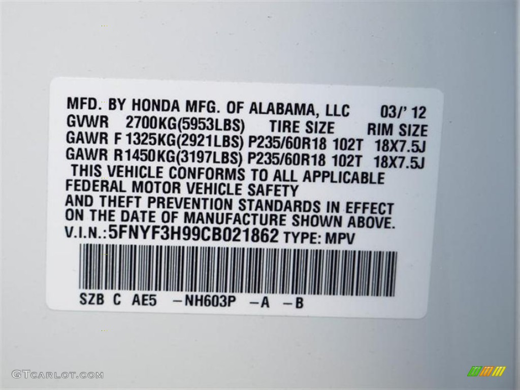 2012 Pilot Color Code NH603P for White Diamond Pearl Photo #62844693