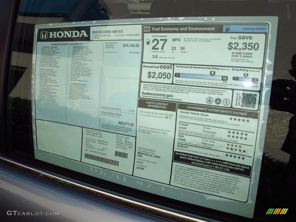 2012 Honda Accord EX Sedan Window Sticker Photo #62845147