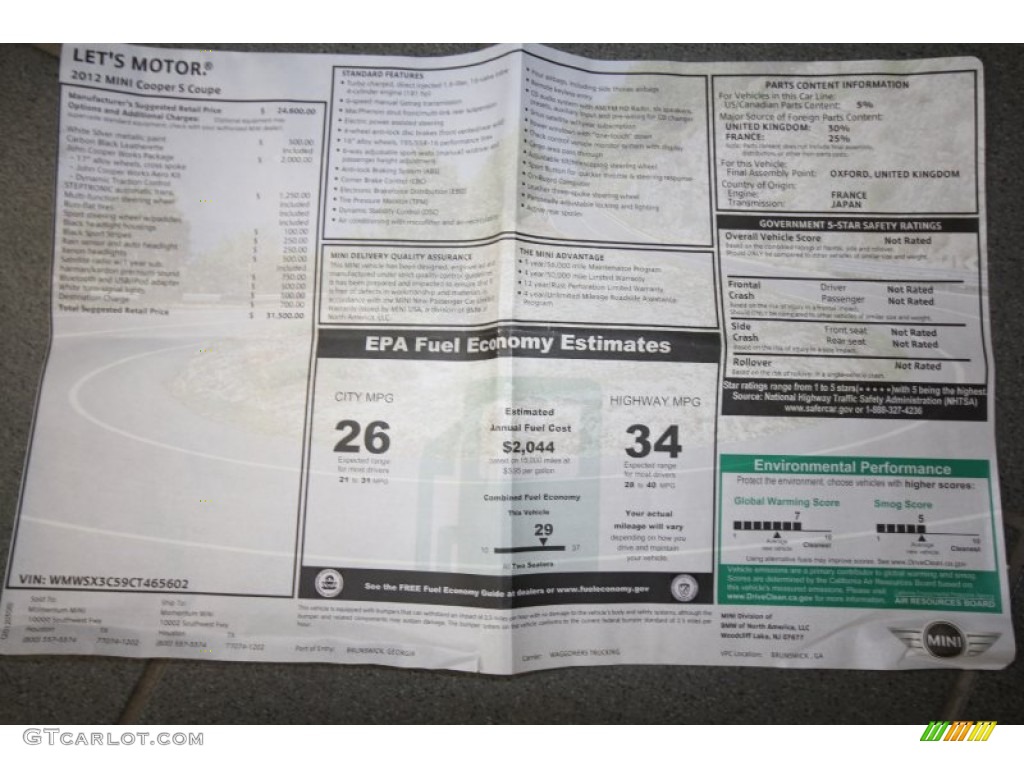 2012 Mini Cooper S Coupe Window Sticker Photo #62854930