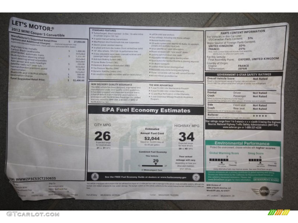 2012 Mini Cooper S Convertible Window Sticker Photo #62855779