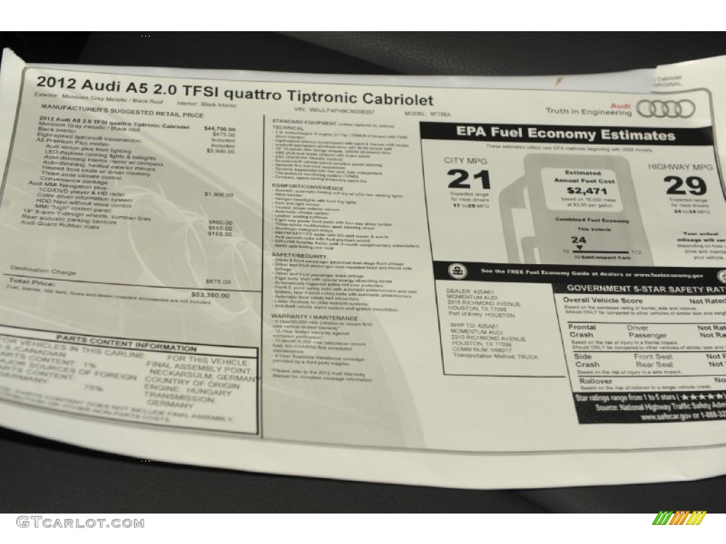 2012 Audi A5 2.0T quattro Cabriolet Window Sticker Photo #62857840