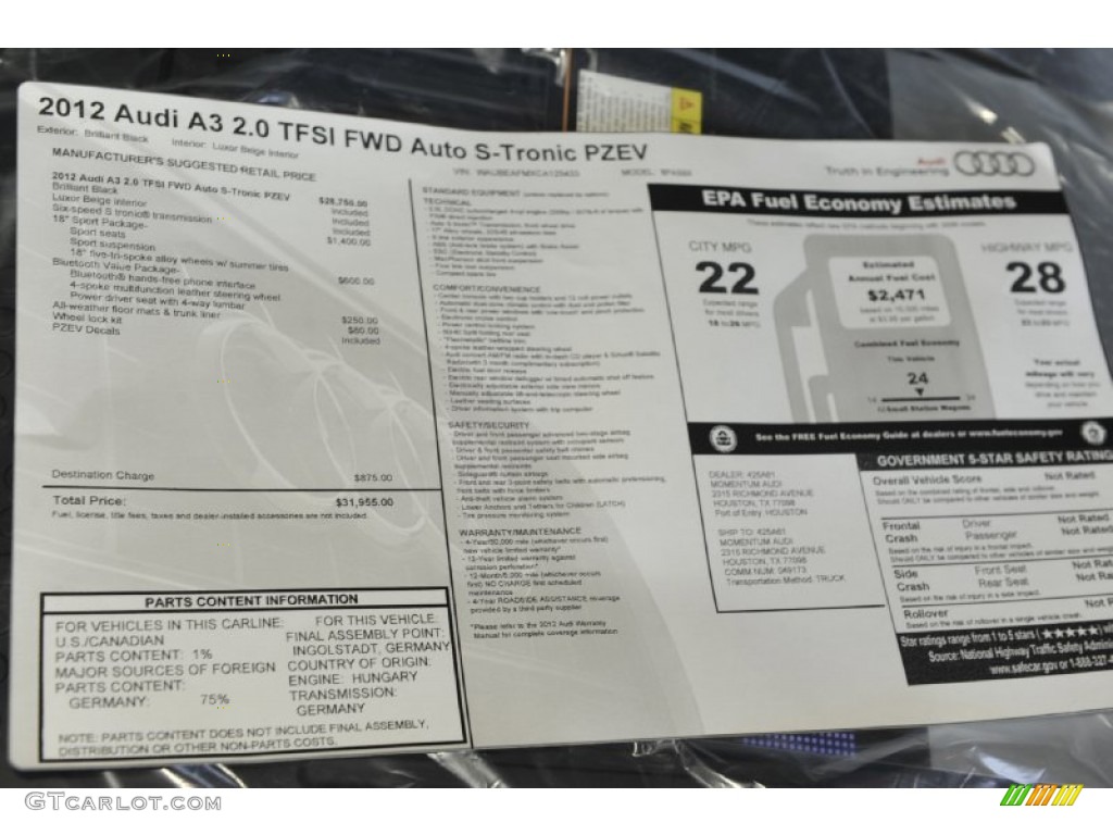 2012 Audi A3 2.0T Window Sticker Photo #62858314