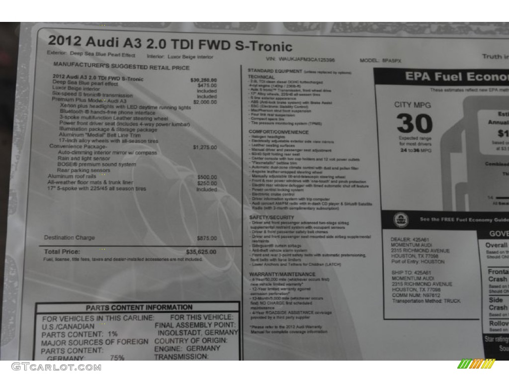 2012 Audi A3 2.0 TDI Window Sticker Photo #62858464