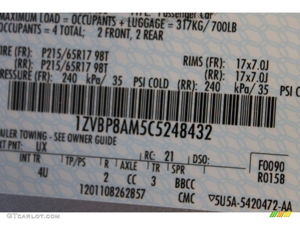 2012 Mustang Color Code UX for Ingot Silver Metallic Photo #62875676