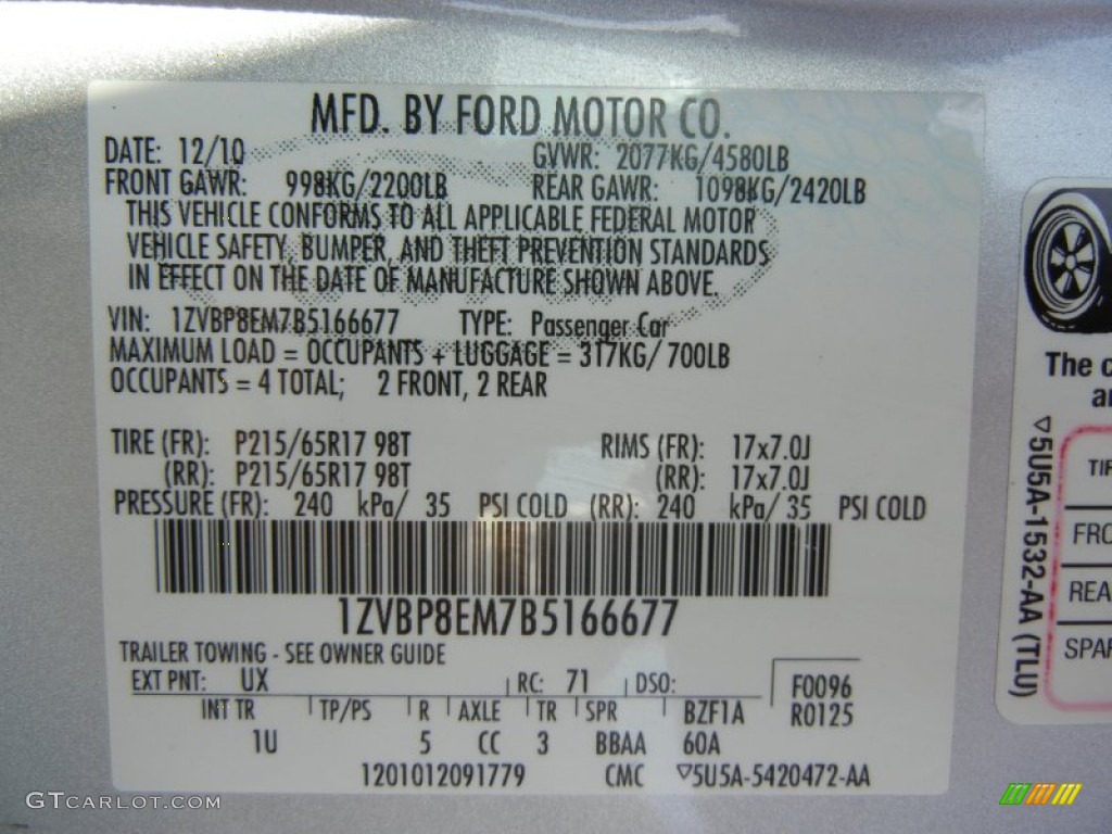 2011 Mustang Color Code UX for Ingot Silver Metallic Photo #62893895