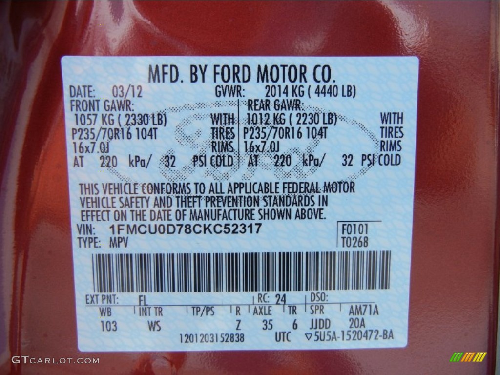 2012 Ford Escape XLT Color Code Photos. 