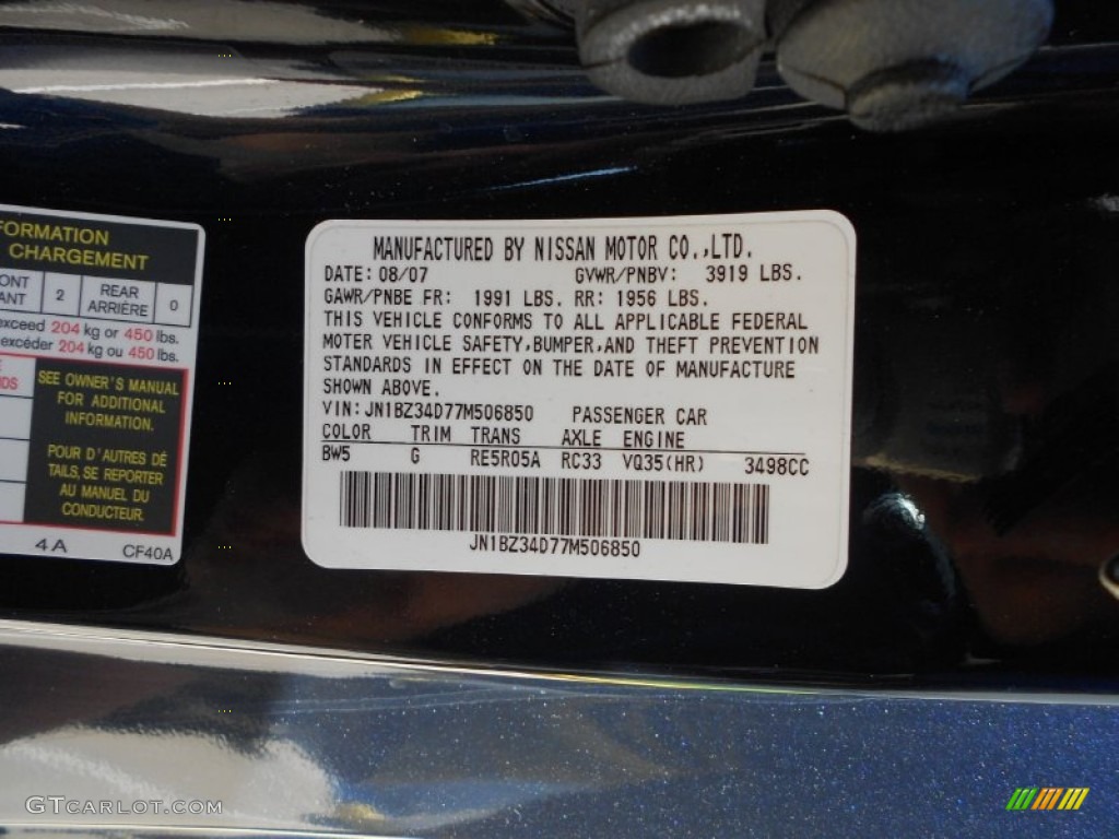 2007 350Z Color Code BW5 for San Marino Blue Pearl Photo #62899592