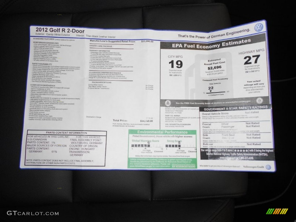 2012 Volkswagen Golf R 2 Door 4Motion Window Sticker Photo #62899750