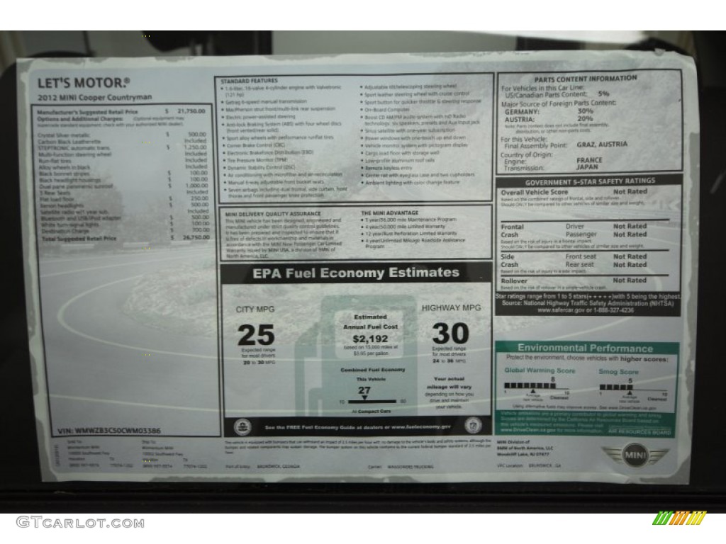 2012 Mini Cooper Countryman Window Sticker Photo #62905349