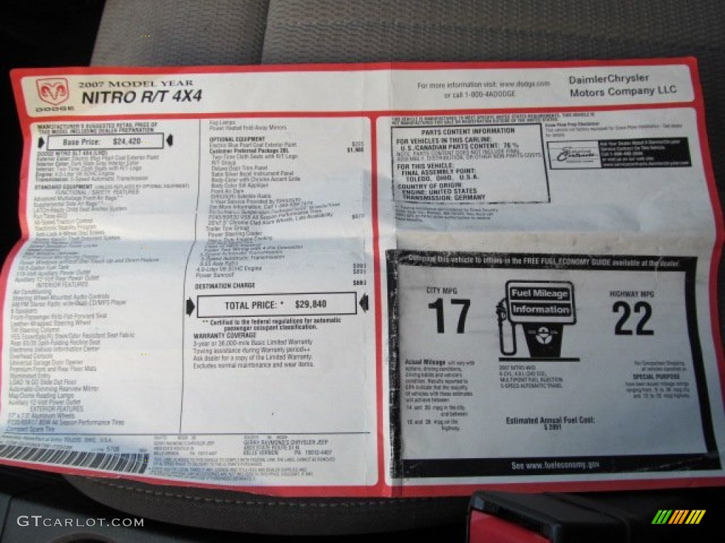 2007 Dodge Nitro R/T 4x4 Window Sticker Photos