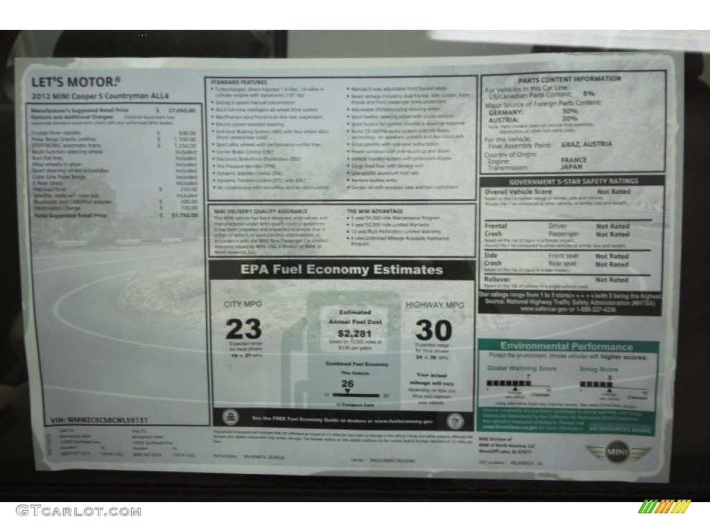 2012 Mini Cooper S Countryman All4 AWD Window Sticker Photo #62905655