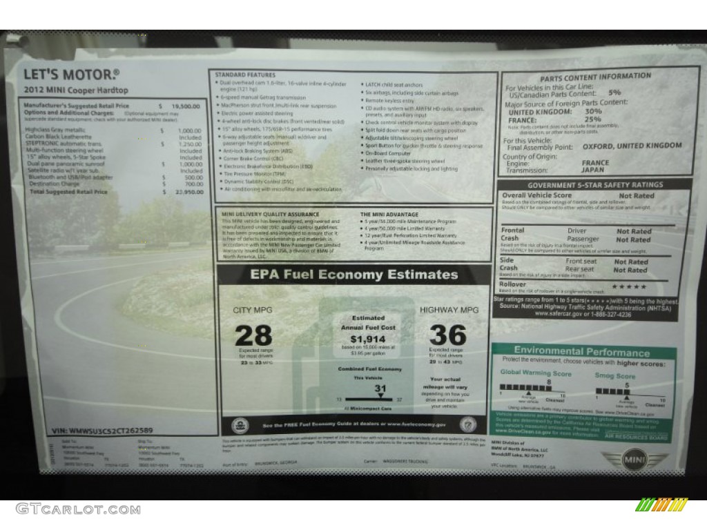 2012 Mini Cooper Hardtop Window Sticker Photo #62906713