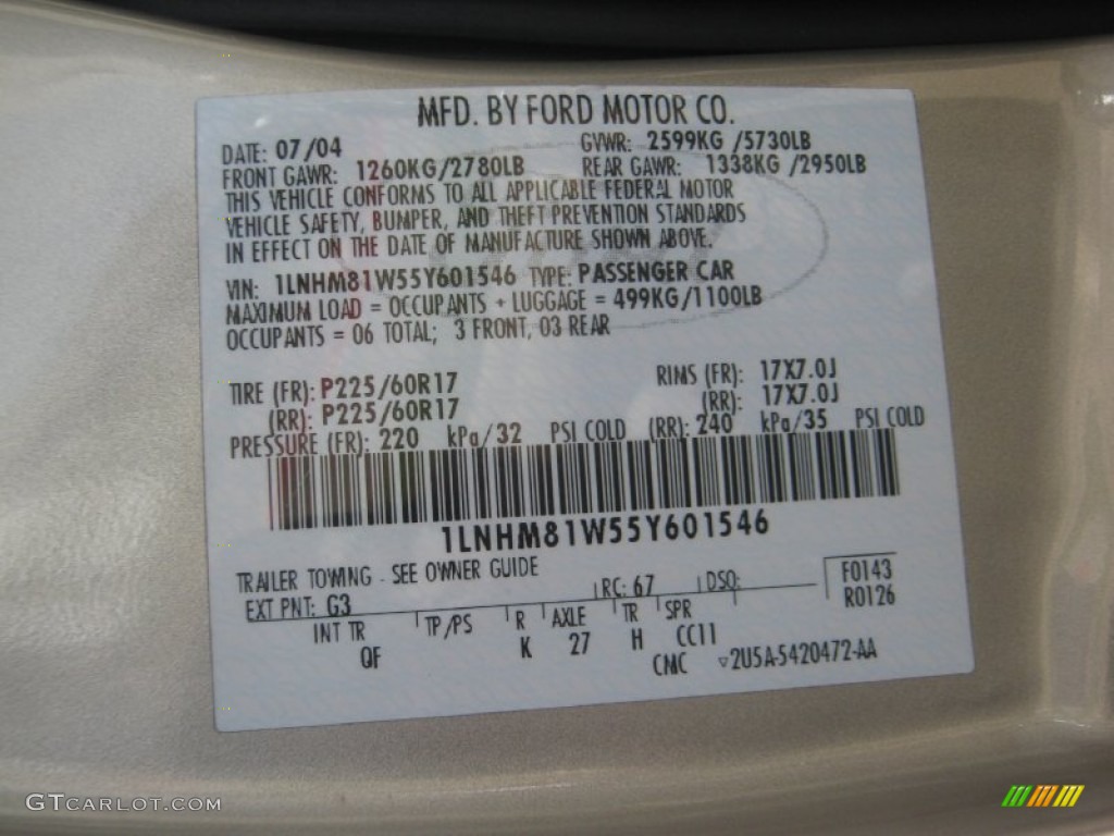 2005 Town Car Color Code G3 for Light French Silk Clearcoat Photo #62911025
