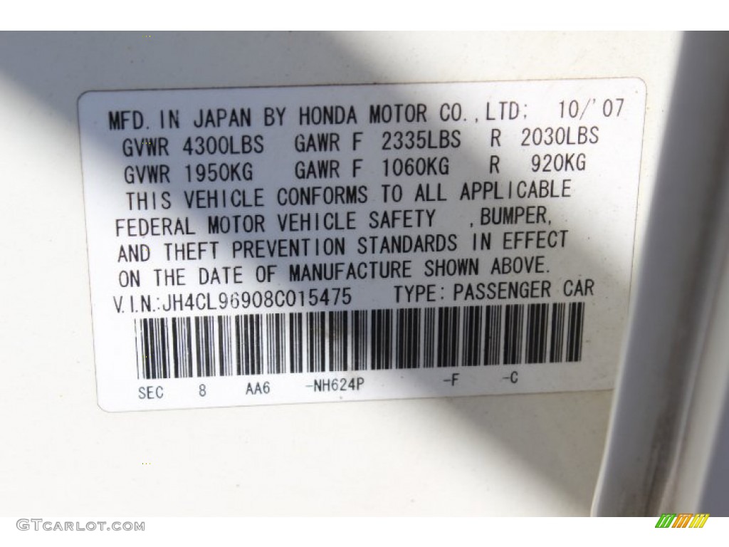 2008 TSX Color Code NH624P for Premium White Pearl Photo #62921327