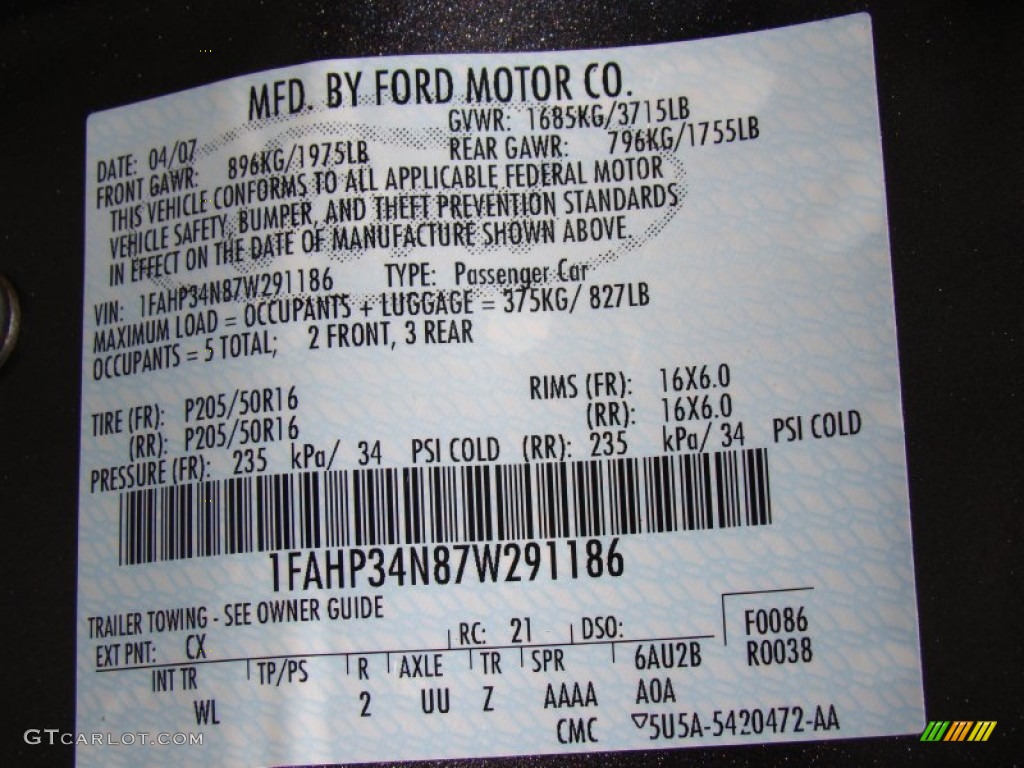 2007 Ford Focus ZX4 SES Sedan Color Code Photos