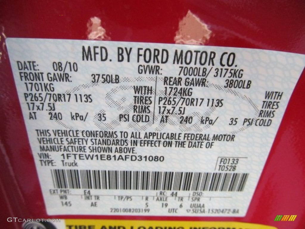 2010 Ford F150 XL SuperCrew 4x4 Color Code Photos