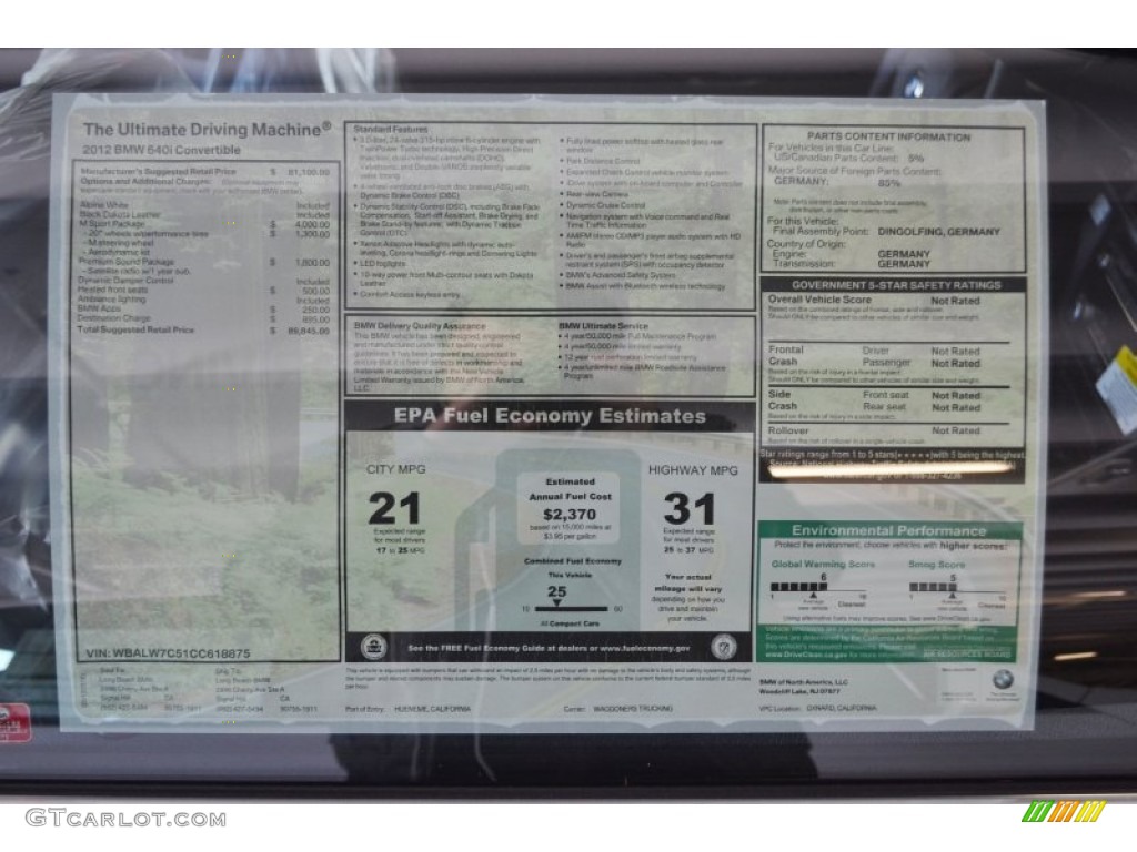 2012 BMW 6 Series 640i Convertible Window Sticker Photo #62948892