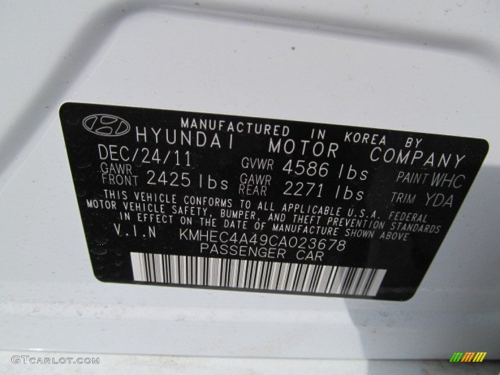 2012 Sonata Color Code WHC for Porcelain White Pearl Photo #62953701