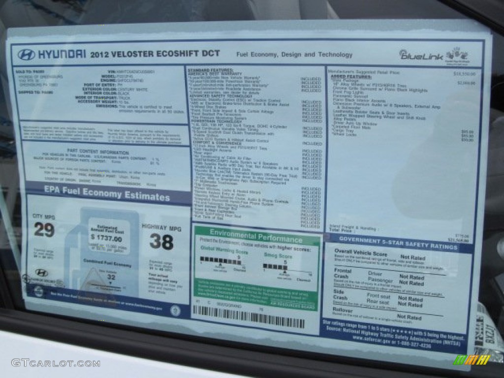 2012 Hyundai Veloster Standard Veloster Model Window Sticker Photo #62954193