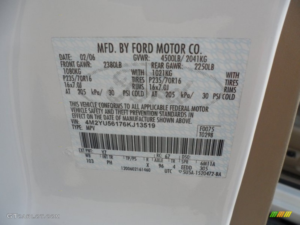 2006 Mariner Color Code YZ for Oxford White Photo #62960479