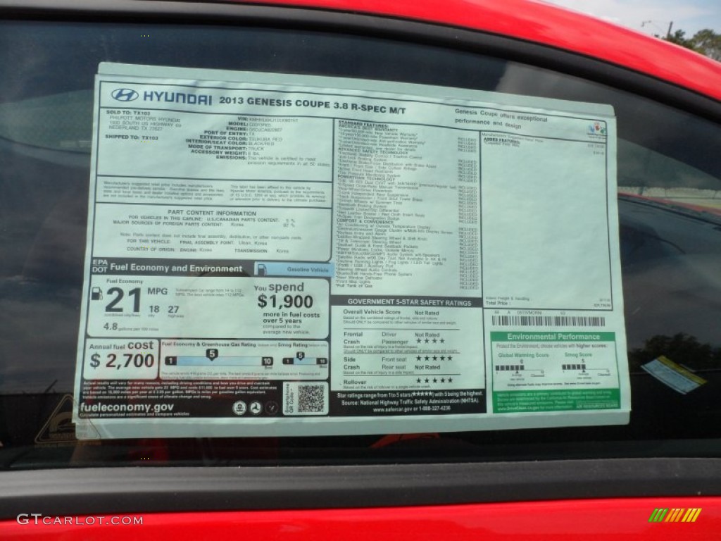 2013 Hyundai Genesis Coupe 3.8 R-Spec Window Sticker Photo #62960686