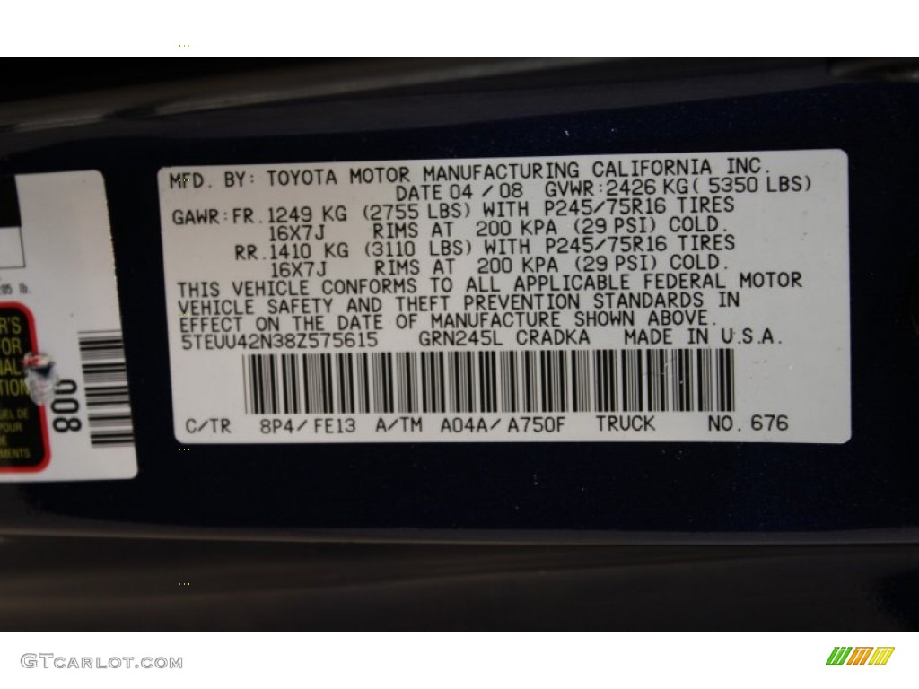 2008 Toyota Tacoma V6 Access Cab 4x4 Color Code Photos