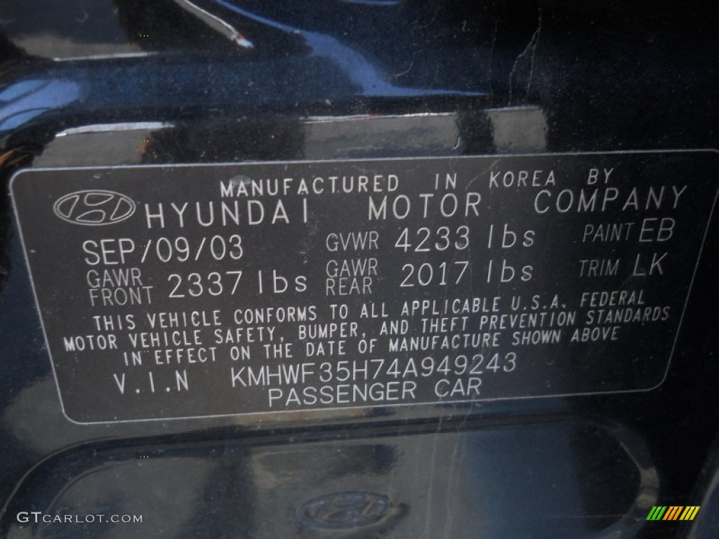 2004 Sonata Color Code EB for Ebony Black Photo #62993126