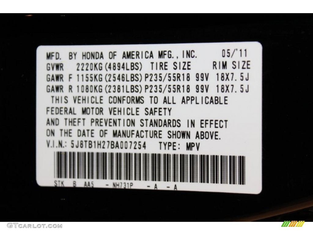2011 RDX Color Code NH731P for Crystal Black Pearl Photo #62997775