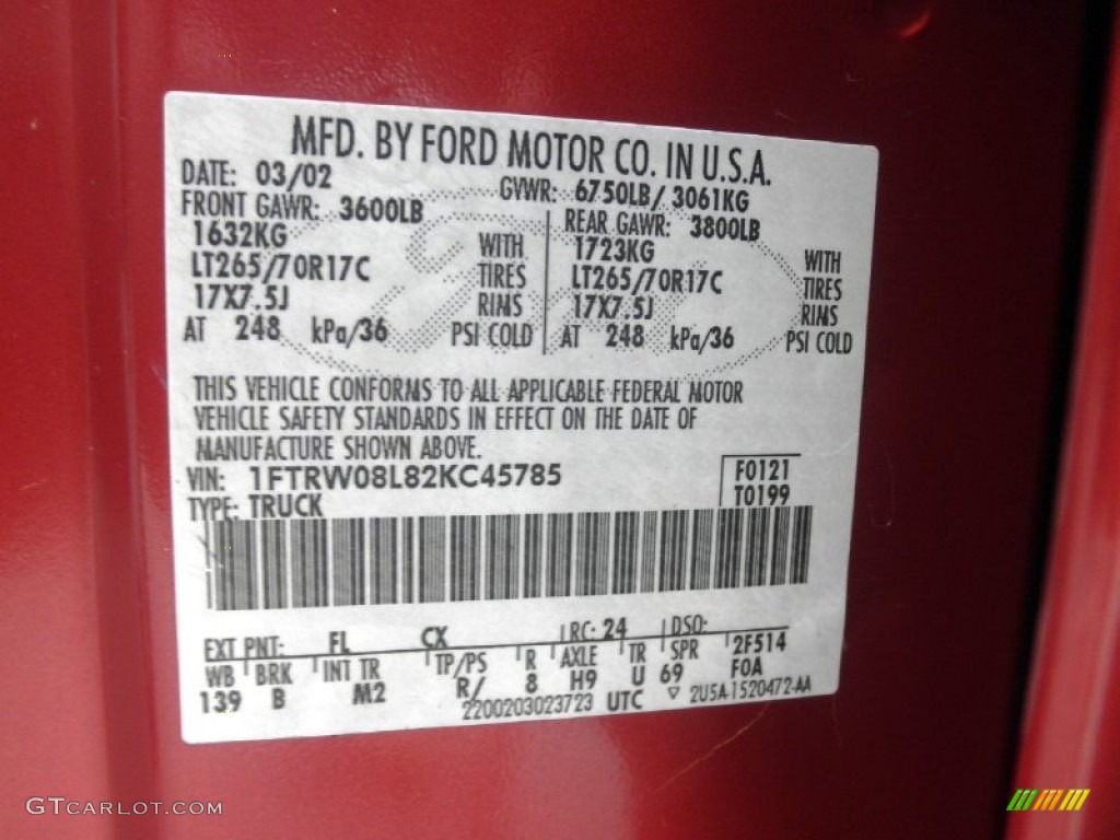 2002 F150 Color Code FL for Toreador Red Metallic Photo #63001400