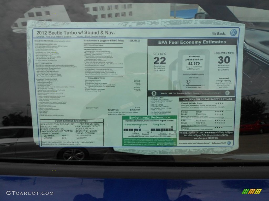 2012 Volkswagen Beetle Turbo Window Sticker Photo #63008371