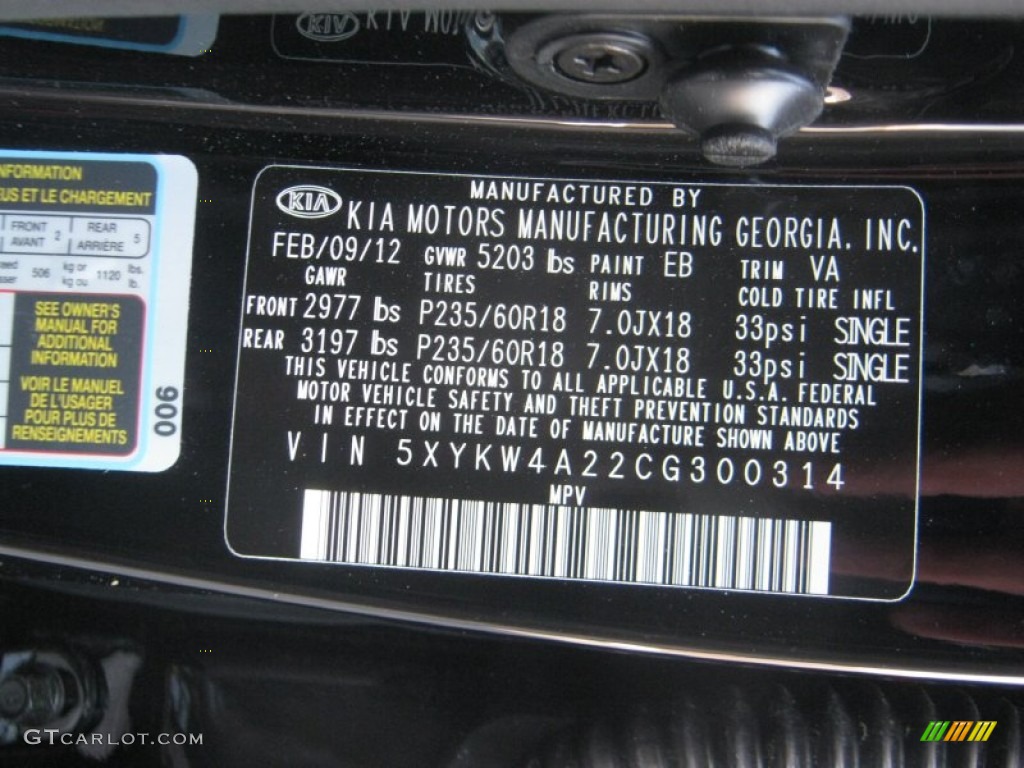 2012 Kia Sorento SX V6 Color Code Photos