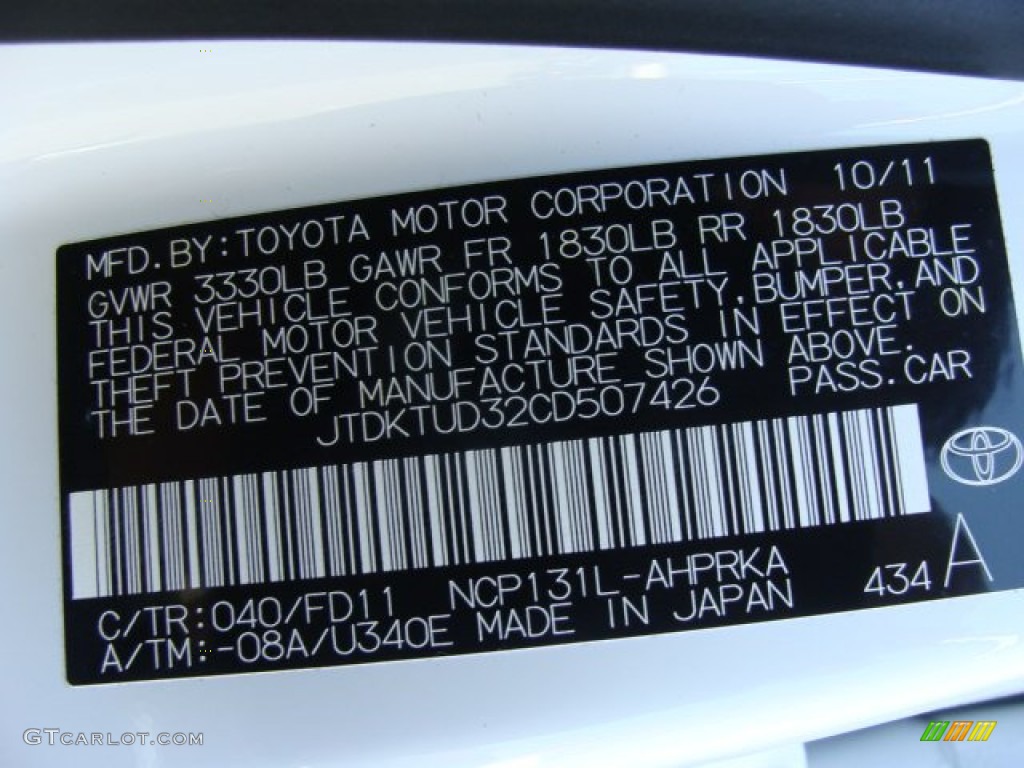 2012 Yaris Color Code 040 for Super White Photo #63026142