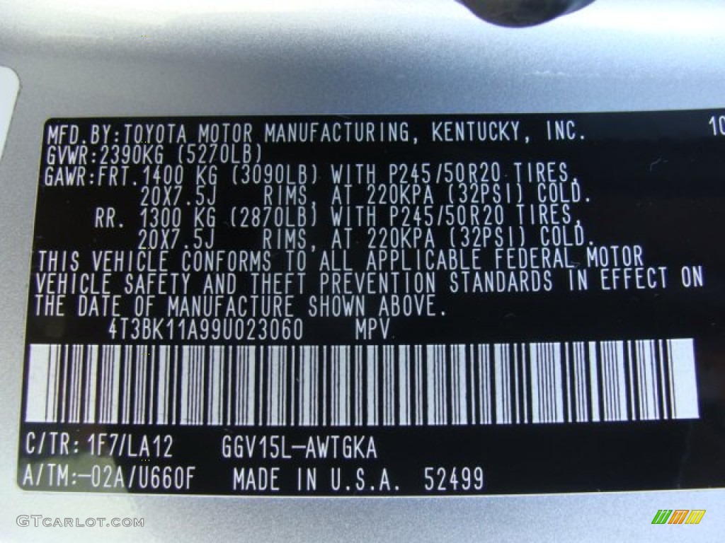 2009 Venza Color Code 1F7 for Classic Silver Metallic Photo #63026955