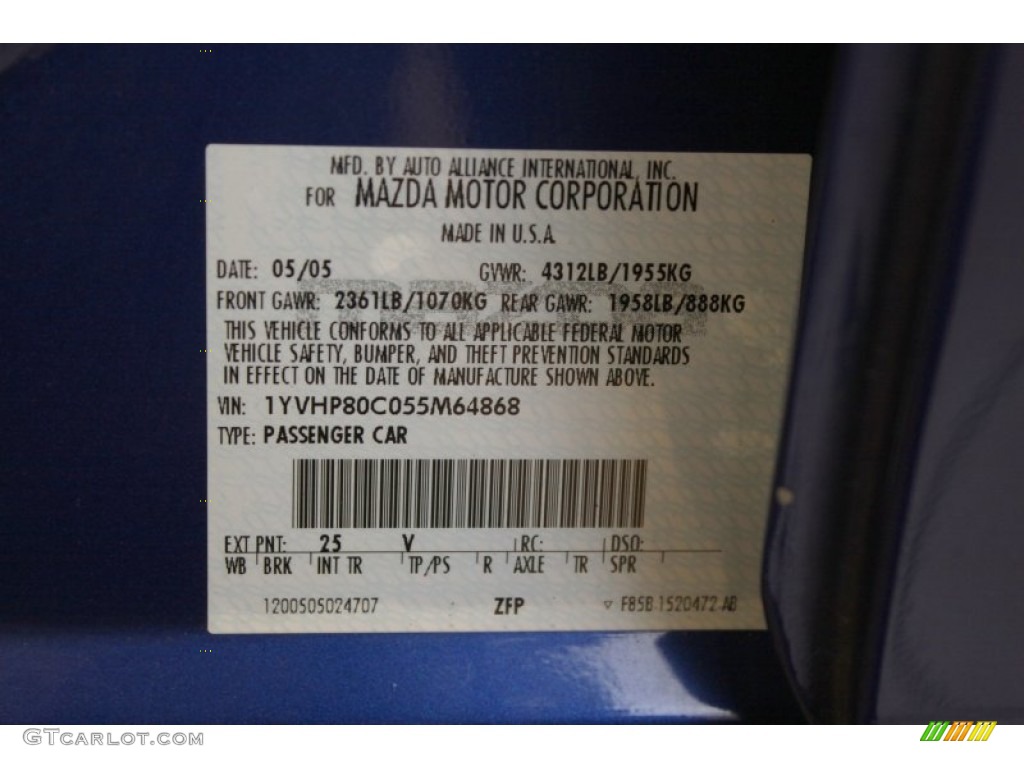 2005 MAZDA6 Color Code 25V for Lapis Blue Metallic Photo #63059041
