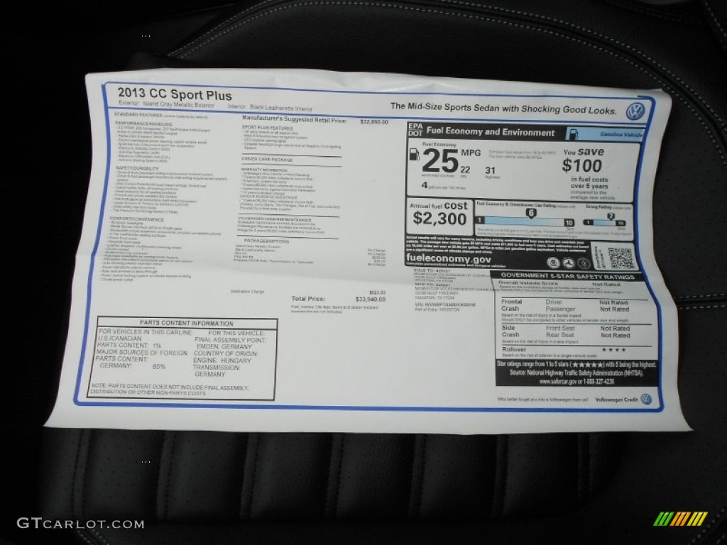 2013 Volkswagen CC Sport Plus Window Sticker Photo #63081650